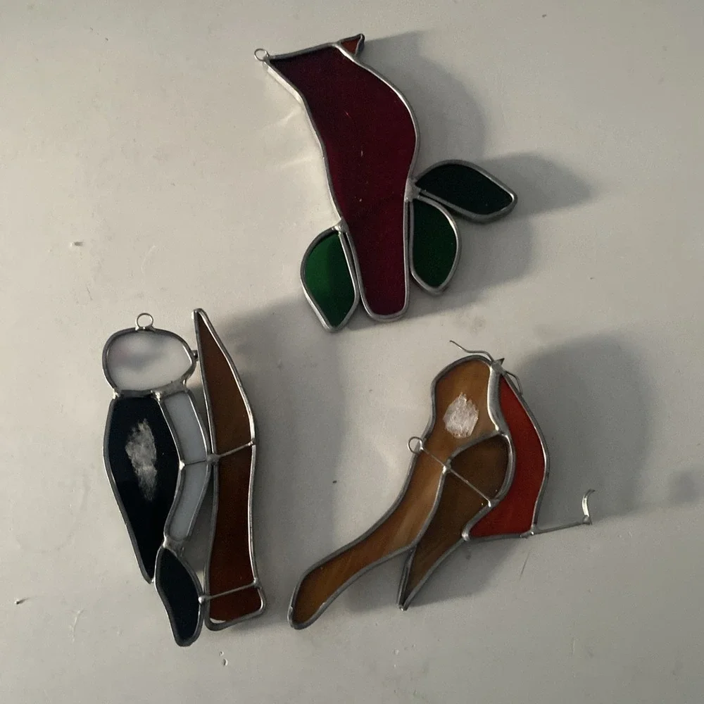 Lot of 3 Stained Glass Handcrafted Birds Cardinal Woodpecker Robin Suncatchers
